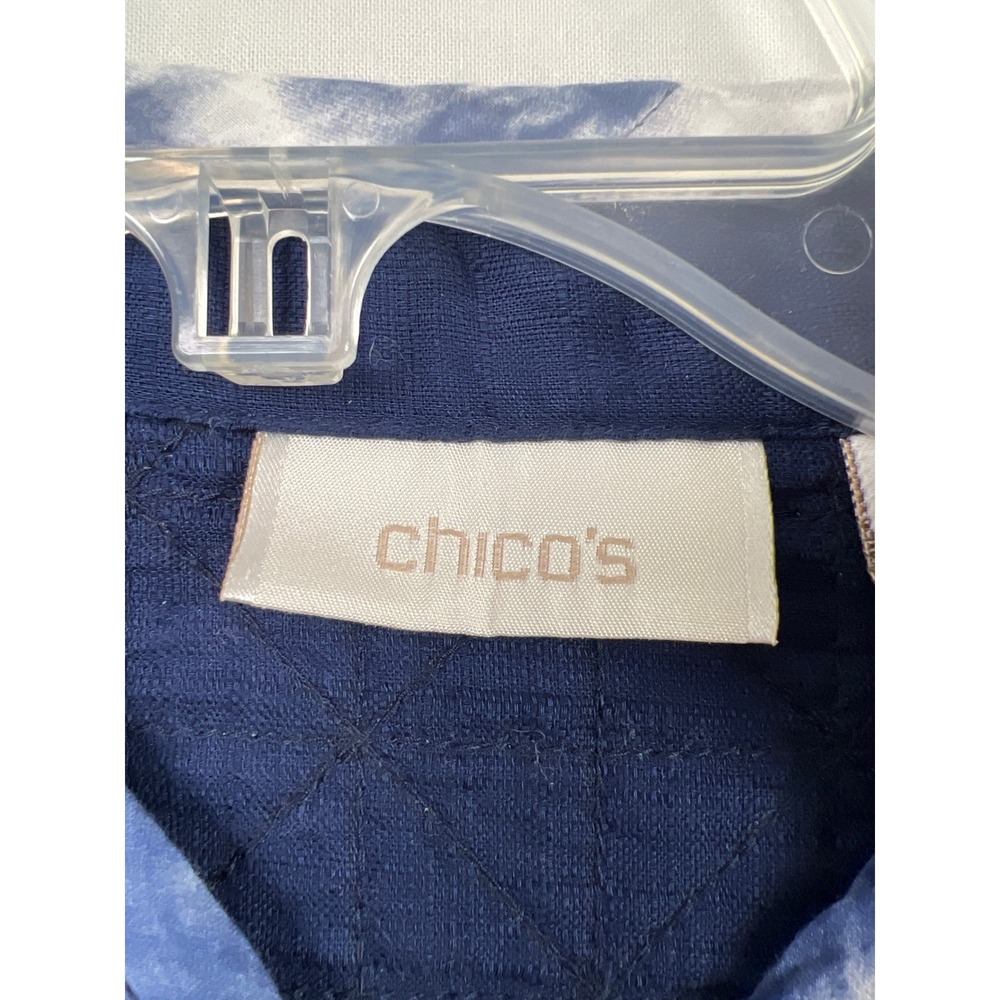 Chico's Quilted Jacket Womens 2 Lg Blue Tie Dye Embroidered Pom Pom Open Front - Picture 2 of 9
